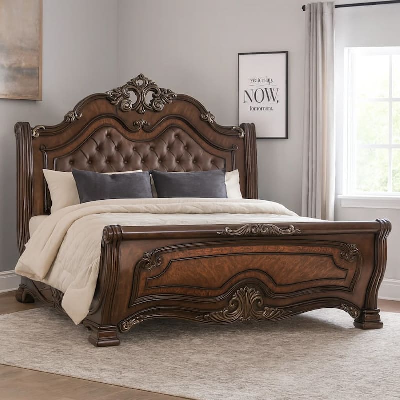 Ruth King Bed, Faux Leather Headboard with Burl Inlays, Mahogany Brown