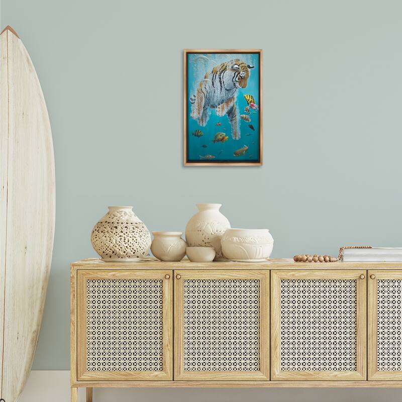 Stupell Swimming Tiger Among Fish Framed Floater Canvas Wall Art Design By Heather Gauthier