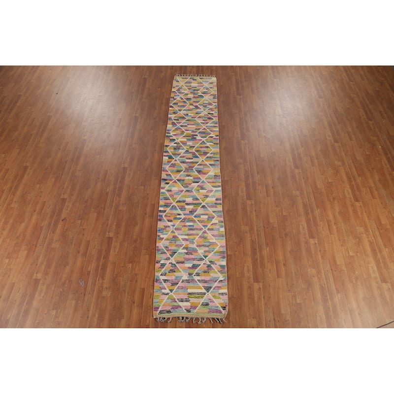Modern Trellis Moroccan Oriental Runner Rug Hand-Knotted Wool Carpet - 2'5"x 12'8"