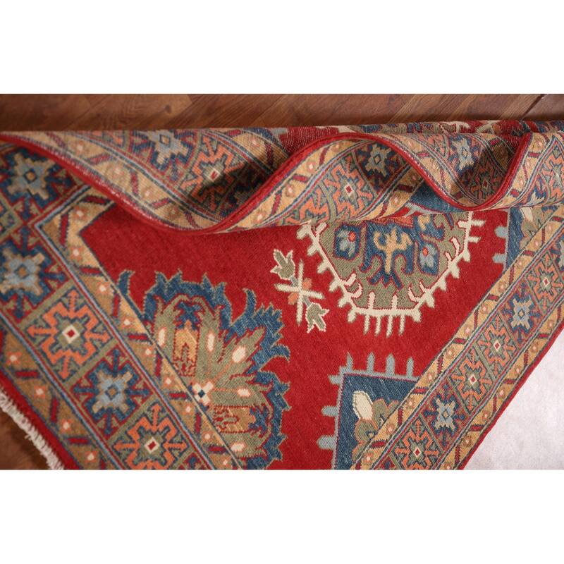 Red Geometric Kazak Accent Rug Hand-Knotted Wool Carpet - 3'4"x 5'0"