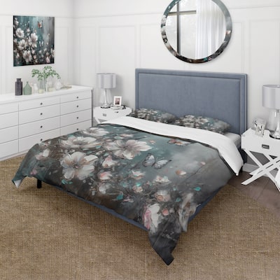 Designart "Flowers With Butterflies Painting II" Pink Traditional - Bedding Cover Set With Shams