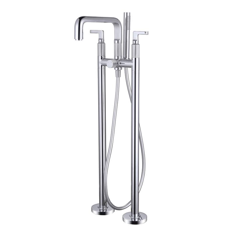 33" H Solid Brass Floor Mounted Freestanding Tub Faucet with Hand Shower and Diverter - Chrome/White