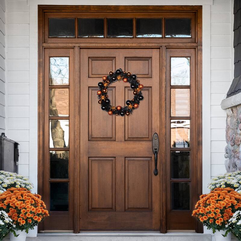 Spiders and Ornaments Halloween Wreath - 18" - Orange and Black - Unlit