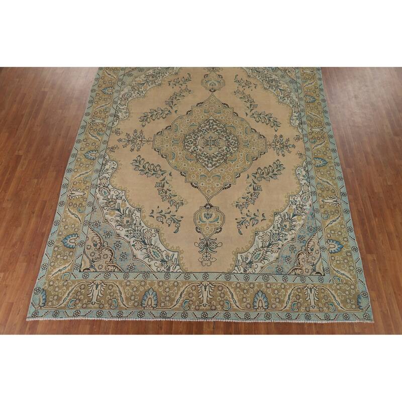 Tabriz Vintage Persian Area Rug Handmade Traditional Peach Wool Carpet - 9'7" x 12'8"
