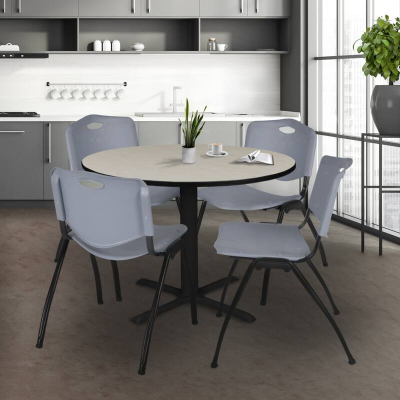 48" Round Breakroom Table- Maple & 4 'M' Stack Chairs- Grey - 48