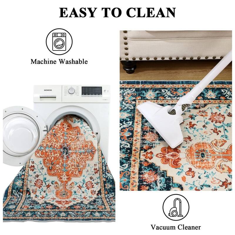 Boho Vintage Area Rug Machine Washable Low Pile Soft Floor Carpet