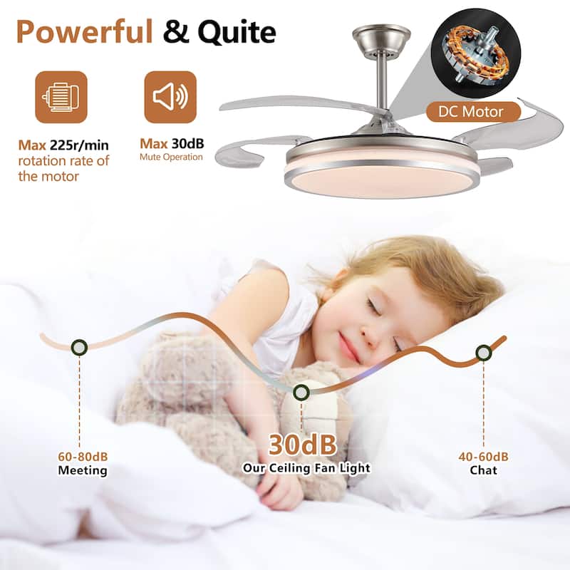 42 Inch 2 Tiers Design Modern LED Ceiling Fan with Light and Remote Control, Retractable Blades, Adjustable 6 Speed - Chrome