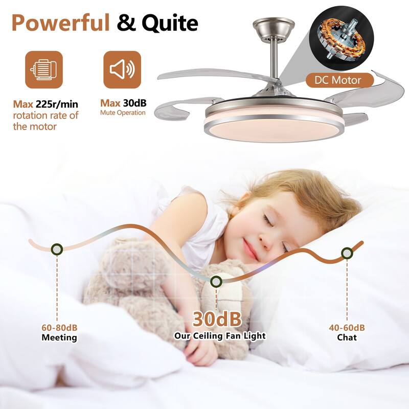 Retractable Ceiling Fan with Light and Remote Control, 6 Speeds DC Motor Ceiling Fan for Living Room Bedroom - 42 Inch