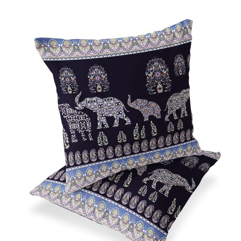 HomeRoots Set of Two 16" X 16" Blue and Purple Elephant Blown Seam Paisley Indoor Outdoor Throw Pillow