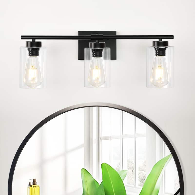 22.83 in. 3-Light Modern Wall Sconce Bathroom Vanity Light with Glass Shade - Black