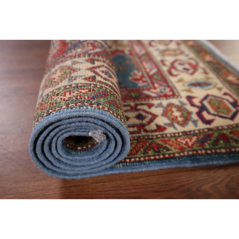 Blue Geometric Kazak Oriental Foyer Rug Handmade Wool Carpet - 2'11" x 4'11"