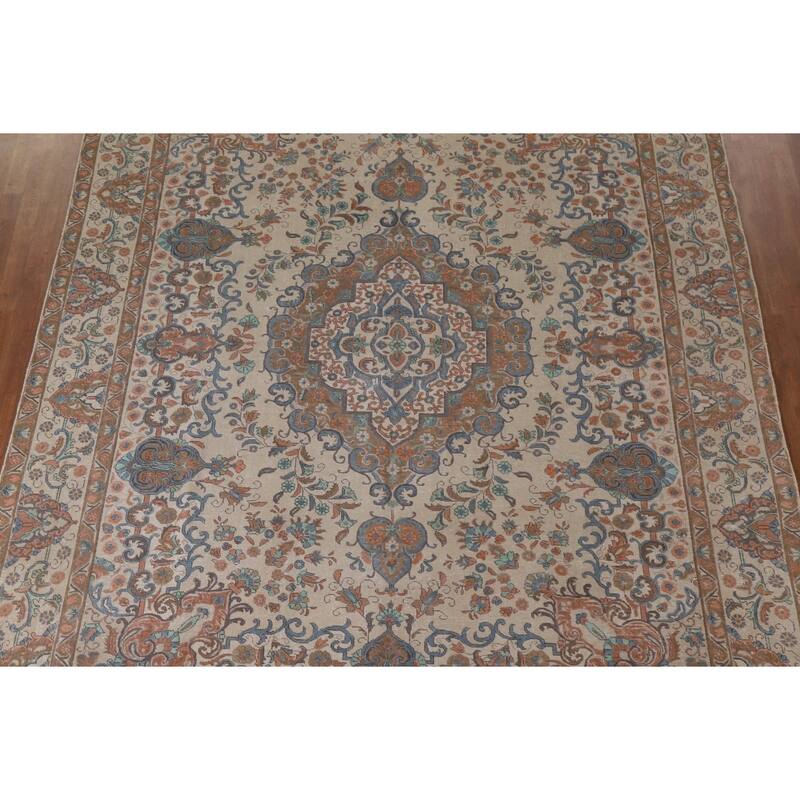 Hand Knotted Oriental 100% Wool Carpet Traditional Floral Beige & Ivories Tabriz Area Rug - 12' 9'' X 9' 9''