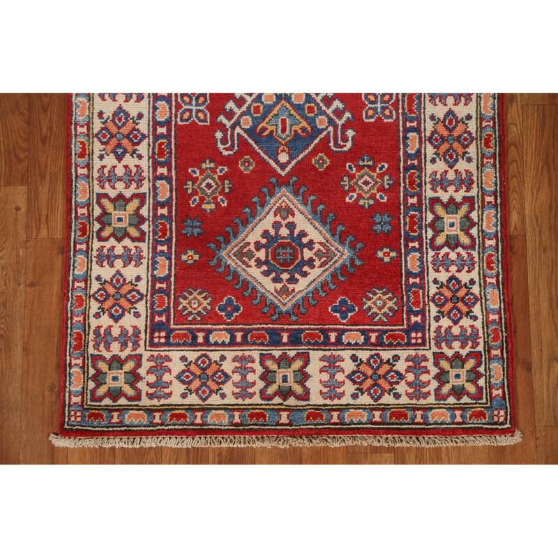 Red Geometric Kazak Oriental Wool Runner Rug Handmade Hallway Carpet - 2'8" x 9'9"