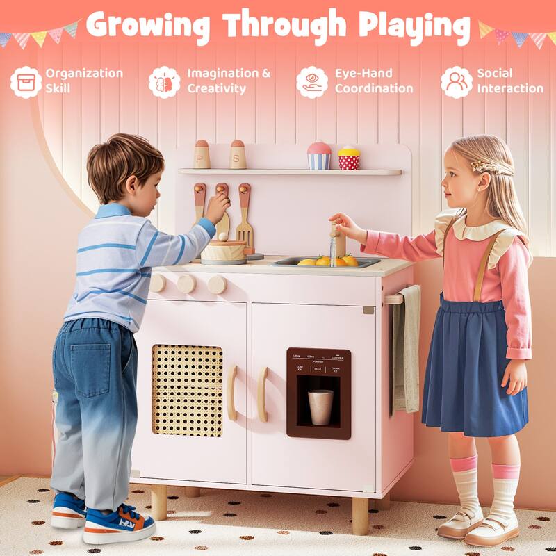 Gymax Play Kitchen w/Realistic Ice Maker Stove Accessories & Water