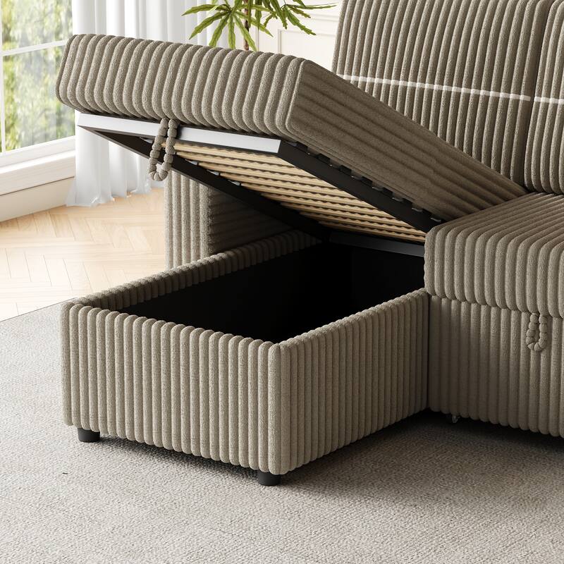 3-Seater Sleeper Sofa Bed with Corduroy Fabric, Storage Chaise, USB Charger, and Cup Holders