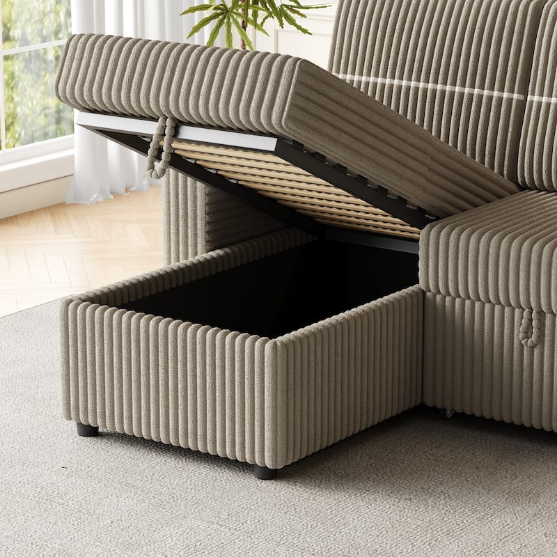 85" Corduroy 3-Seater Sleeper Sofa with Storage Chaise, USB Charging and Cup Holders