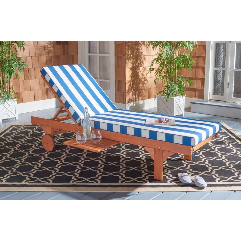 SAFAVIEH Outdoor Newport Solid Wood Chaise Lounge Chair with Side Table & Cushion - 27.6" W x 78.7" D x 14.2" H - Natural/Blue/White