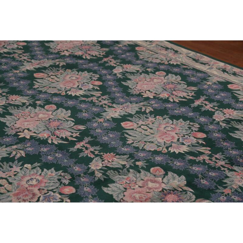 Vegetable Dye Green Aubusson Chinese Area Rug Hand-Knotted Wool Carpet - 8'11"x 12'2"
