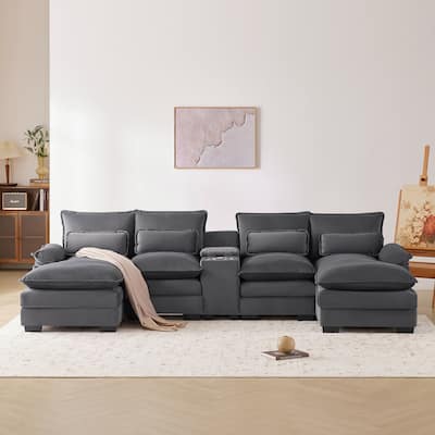 U-Shaped Cushions Deep Seat Sectional Sofa with Cupholders & USB Ports, Livingroom 6 Seat Upholstered Couch Set w/ Double Chaise