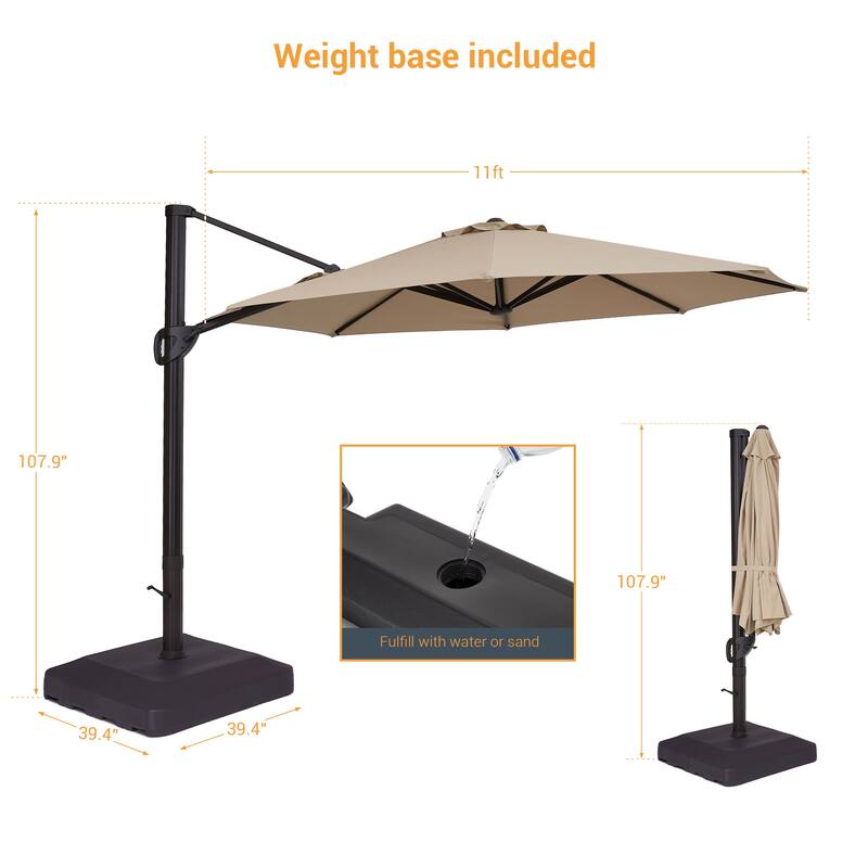 BONOSUKI 11-ft 360-degree Rotating Cantilever Patio Umbrella with Base