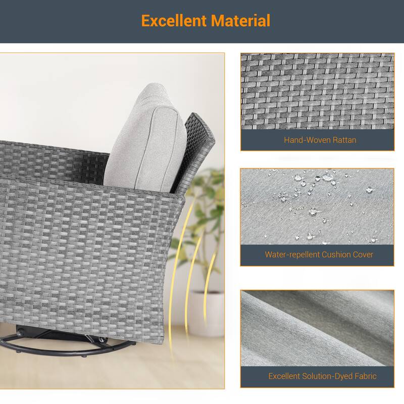 LIVOOSUN 3-Piece Patio Sofa Set Outdoor Rattan Swivel Rocking Chair Glass Table