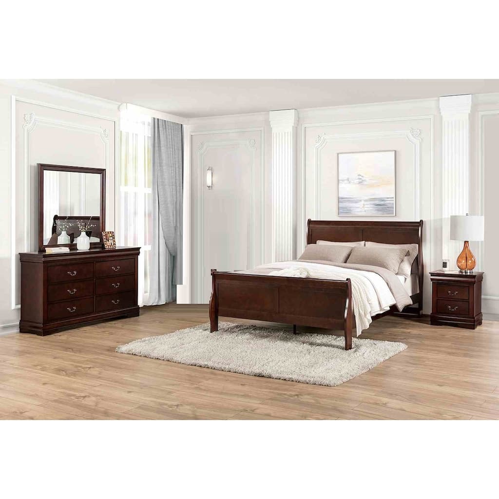 Transitional Dark Cherry Finish Sleigh Design 4 PC Bedroom Set Bed Dresser Mirror Nightstand