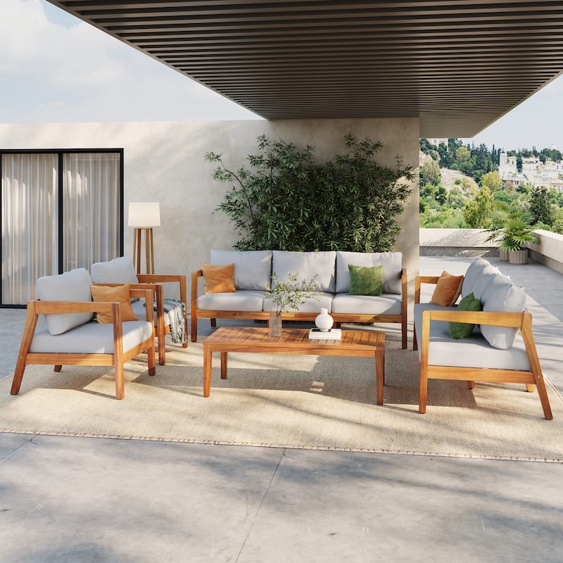 Christopher Knight Home - Outdoor 5-Piece Teak Finish Wood Patio Conversation Set with Cushions and Rectangle Table - LIGHT GREY,Teak