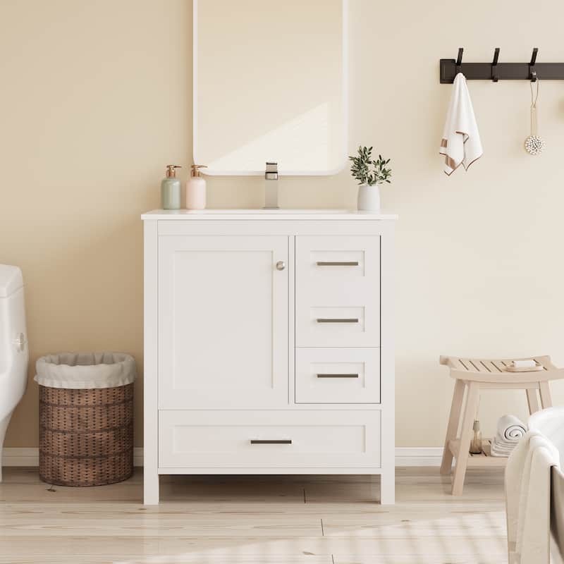 EROMMY All-in-One Bathroom Vanity with Ceramic Sink, Soft-Close Storage Cabinet & Drawer, Glossy Countertop, White