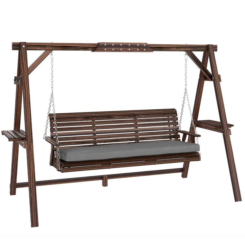 Outsunny 3 Seat Porch Swing with Stand, Wooden Patio Swing Chair with Cushion, Side Trays and Metal Chains