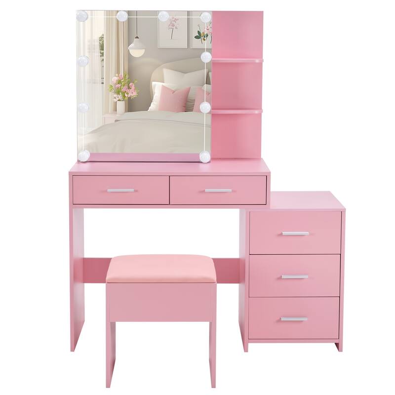 Pink Dressing Table Set with Sliding Mirror Cabinet 5 Drawers and Shelves Lighted Mirror