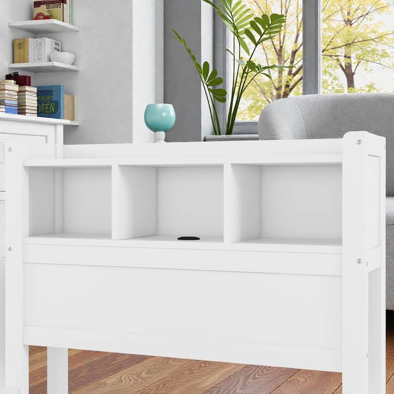 Wood Bed with Storage Headboard, Drawers and Pull Out Cabinet, Twin Full Bed with LED Light and Socket