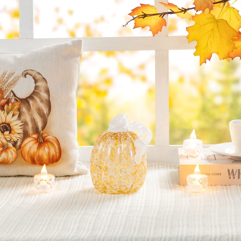 Glitzhome Fall Harvest Amber Dots Glass Pumpkin Thanksgiving Decorating - Short