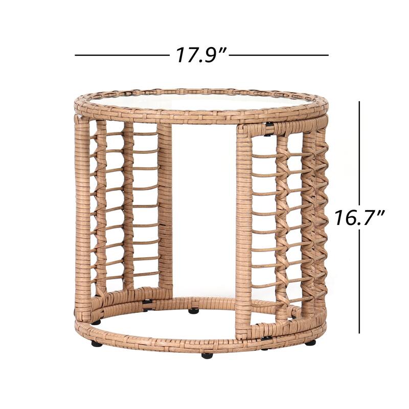 Patio Round End Table 18-Inch Wicker Accent Table with Glass Top