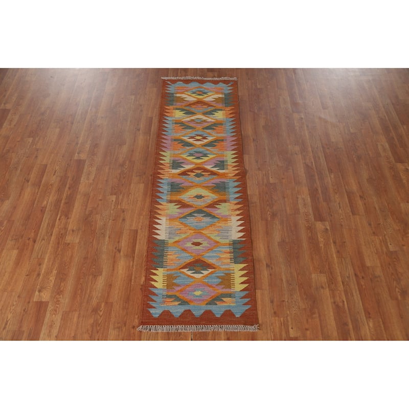 Geometric Kilim Reversible Runner Rug Flatweave Wool Carpet - 2'0"x 6'8"