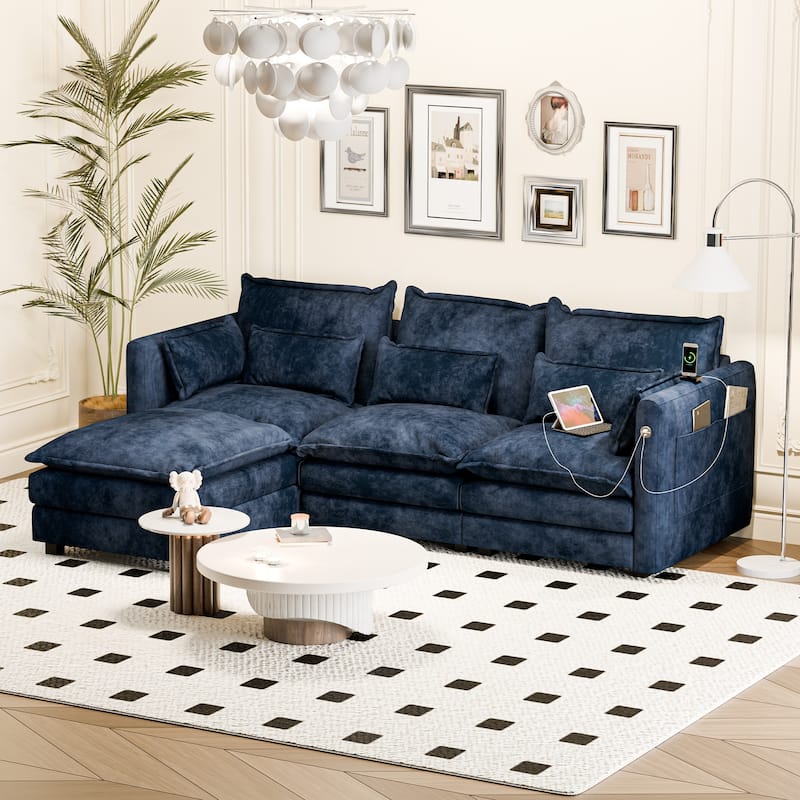Modular Sectional Sofa L Shaped Couch, 3/4 Seat Sofa Set with Ottoman, Chenille Fabric - Blue-4 Pieces