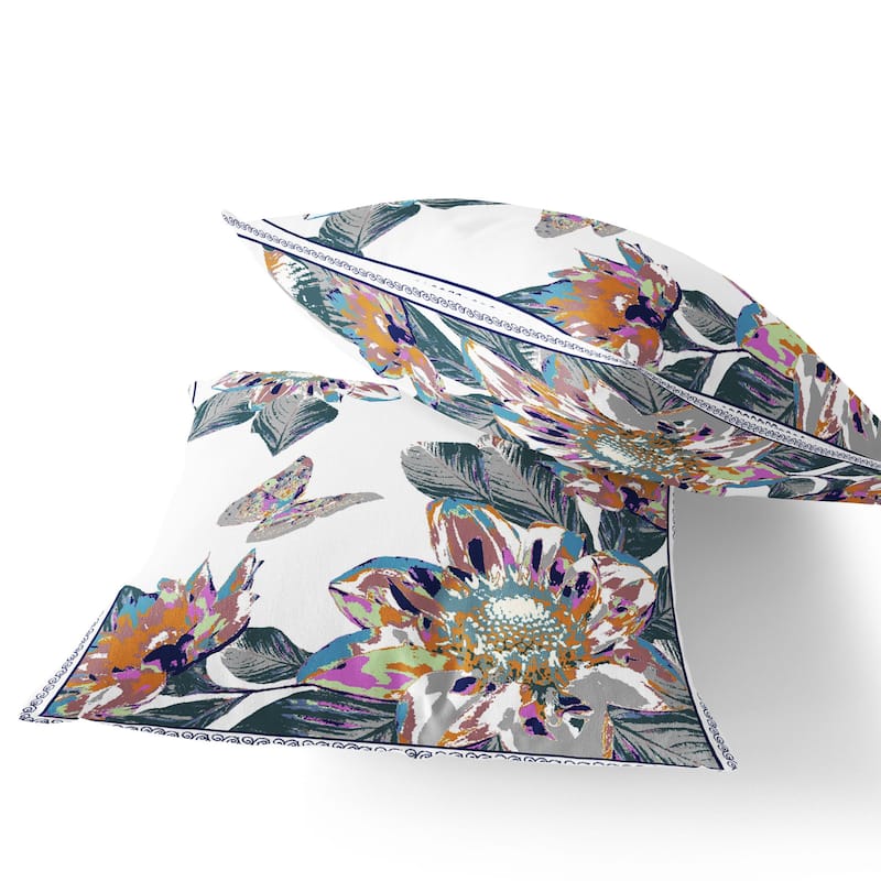 HomeRoots Set of Two 16" X 16" Pink and White Butterfly Blown Seam Floral Indoor Outdoor Throw Pillow - 16.00' X '16.00' X '5.00