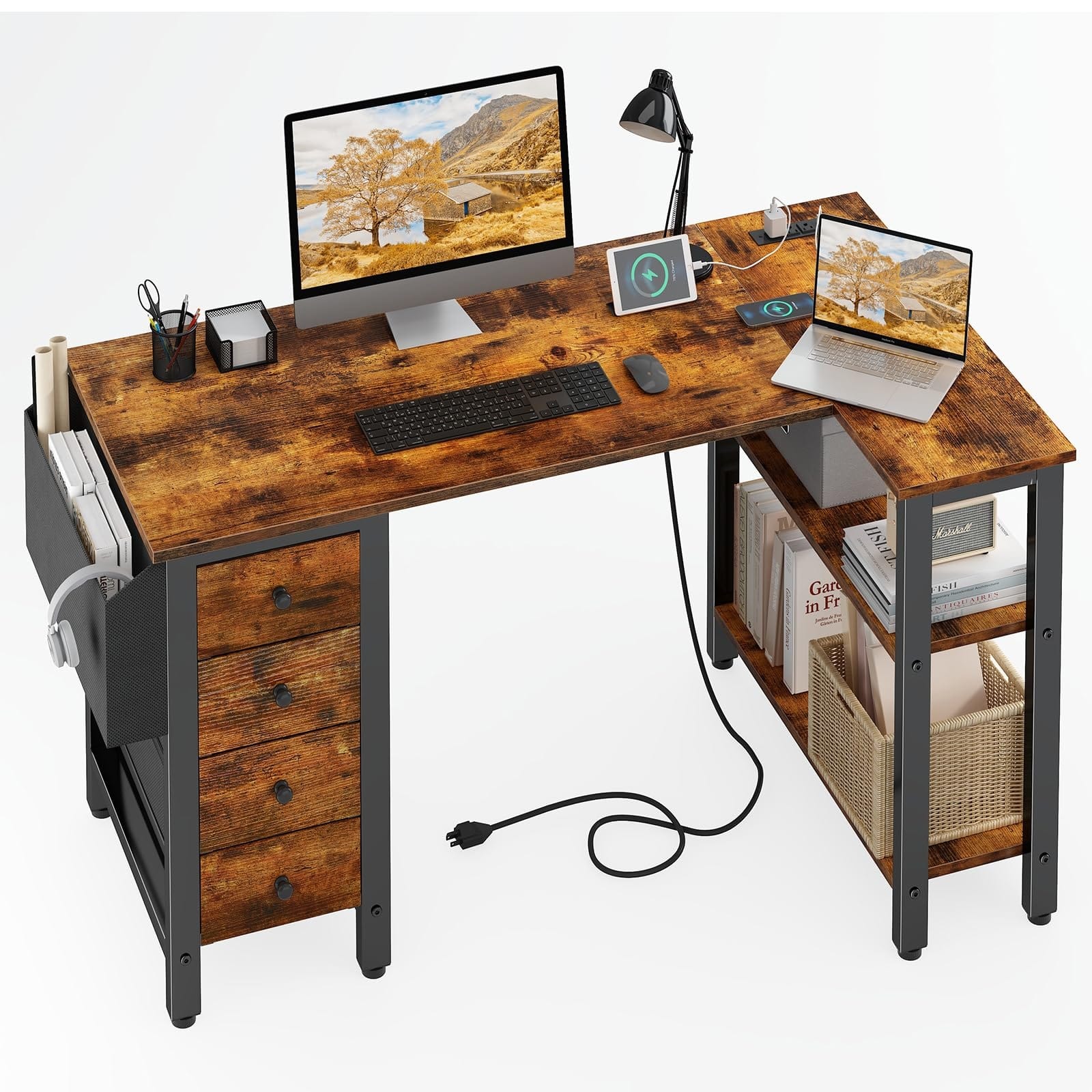 L Shaped Desk with Drawers & Shelves, 47