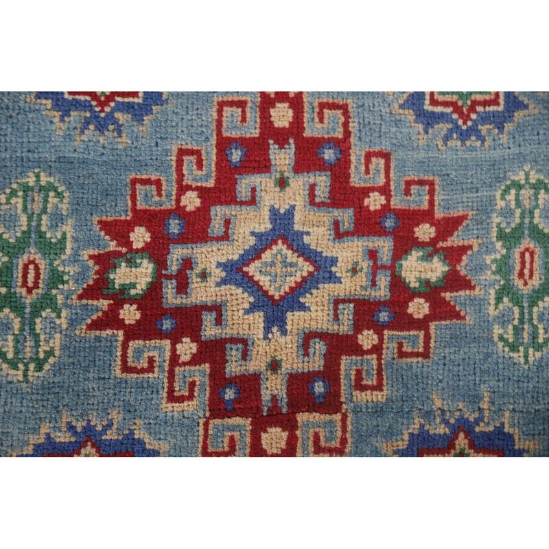 Hand Knotted Oriental 100% Wool Carpet Traditional Geometric Navy Blue & Blues Kazak Area Rug - 6' 4'' X 2' 9''