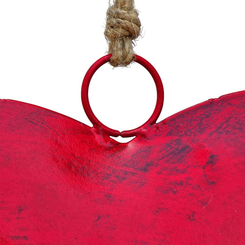 Myri Decorative Metal Heart Wall Decor Set of 3, Classic Red with Jute Hanging Rope, 12, 9.5, 7 Inches