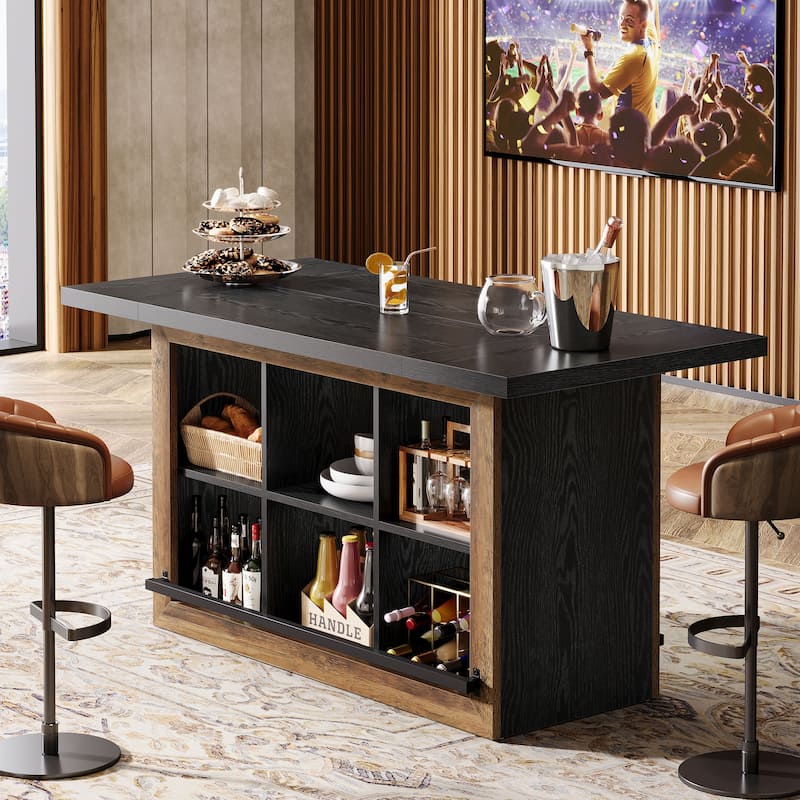 62.6" Rectangular Home Bar Table with 6 Spacious Cubbies - Brown+Black