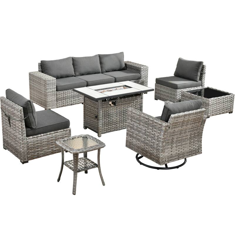 HOOOWOOO 9-piece Wicker Outdoor Modular Wide Armrest Sectional Set Fire Pit Set