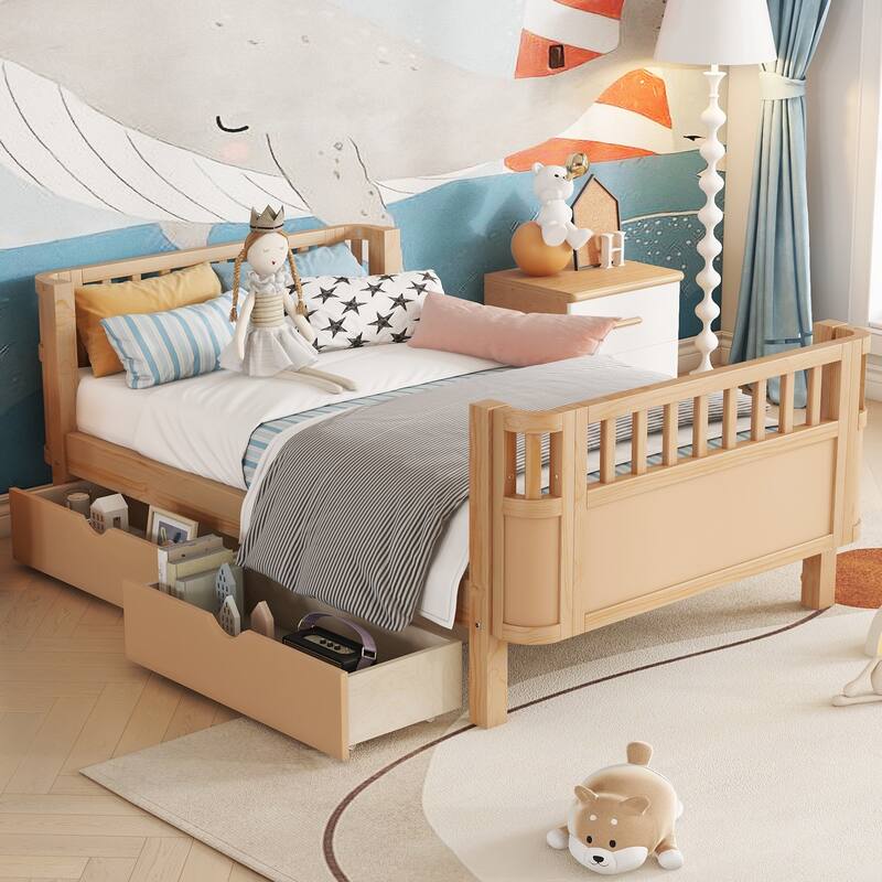 Twin Size Wood Platform Bed for Kids, Wood Low Profile Twin Bed with Rails for Girls and Boys