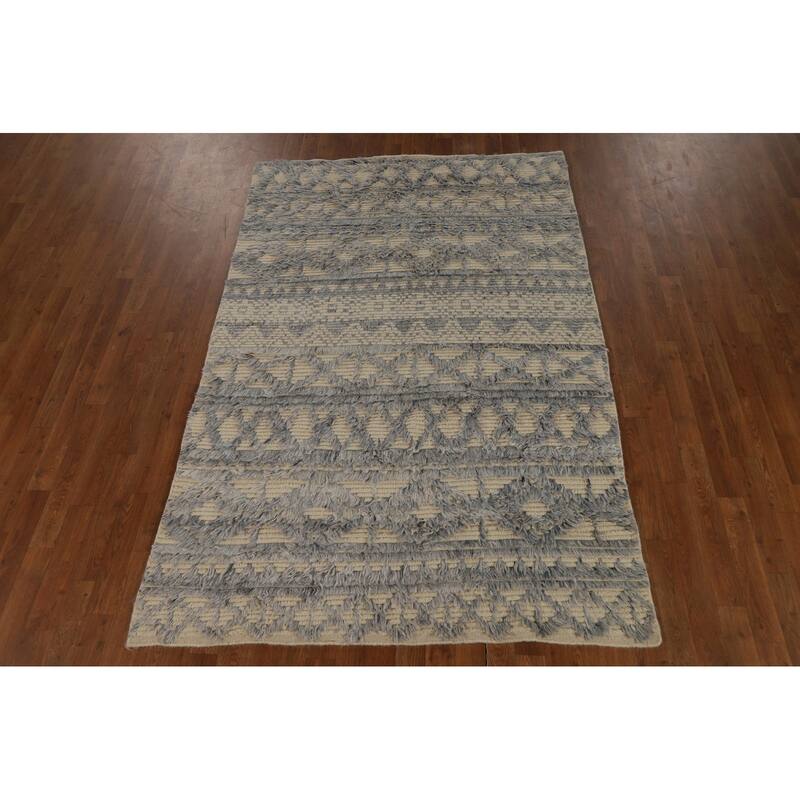 Beige & Gray Moroccan Shaggy Oriental Area Rug Handmade Wool Carpet - 4'11" x 7'8"