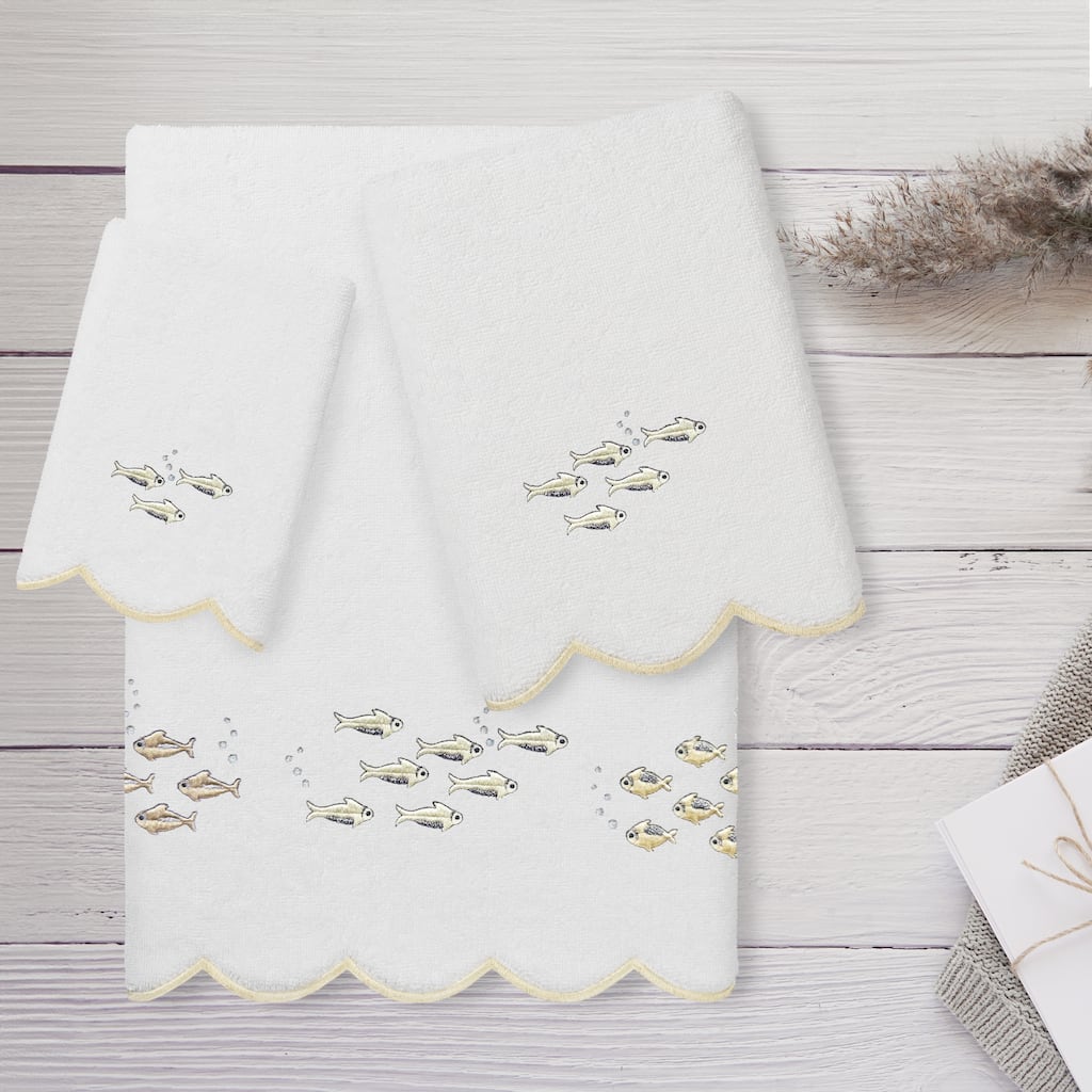 Authentic Hotel and Spa 100% Turkish Cotton FISH SCHOOL Scallop Embellished Towel Collection.