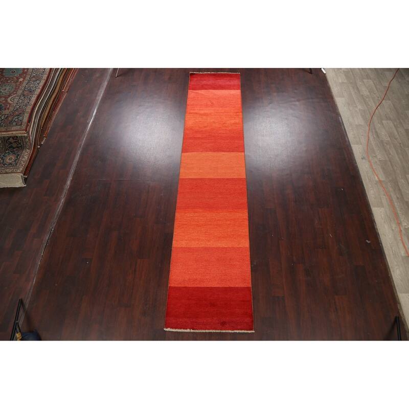 Striped Contemporary Gabbeh Kashkoli Oriental Wool Runner Rug Handmade - 2'7" x 12'8"