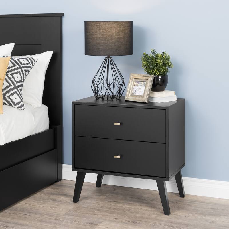 Prepac Milo Mid-Century Modern 2 Drawer Nightstand, Bedside Table, Contemporary Bedroom Furniture