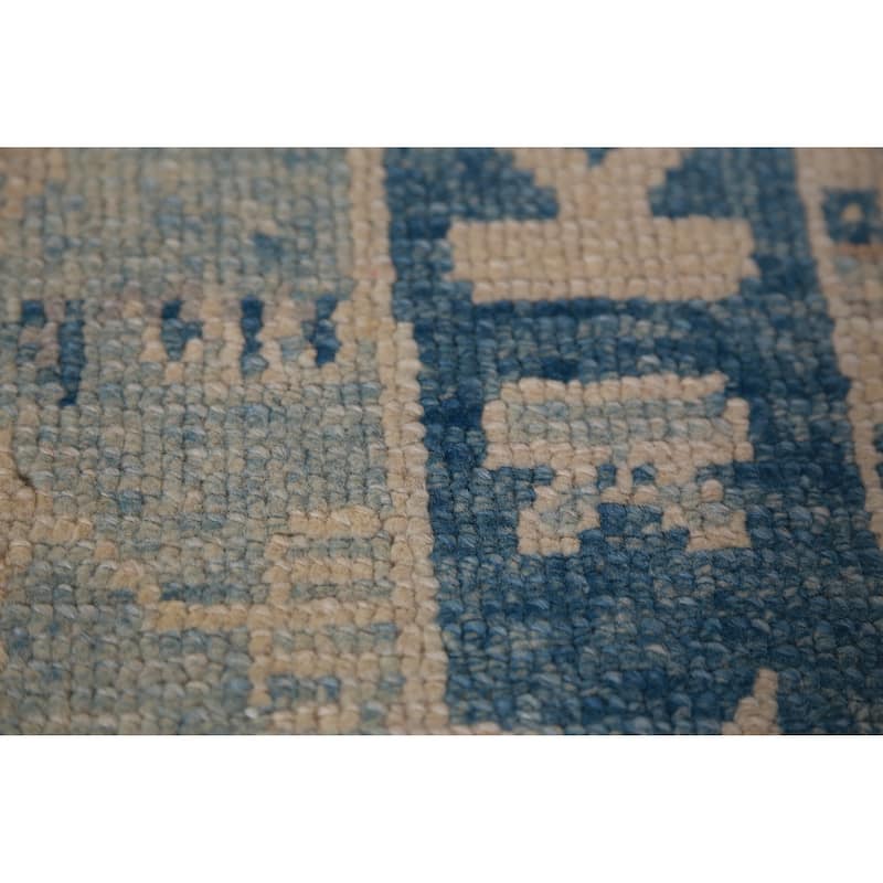 Hand Knotted Oriental 100% Wool Carpet Transitional Geometric Navy Blue & Blues Oushak Runner Rug - 15' 2'' X 2' 10''