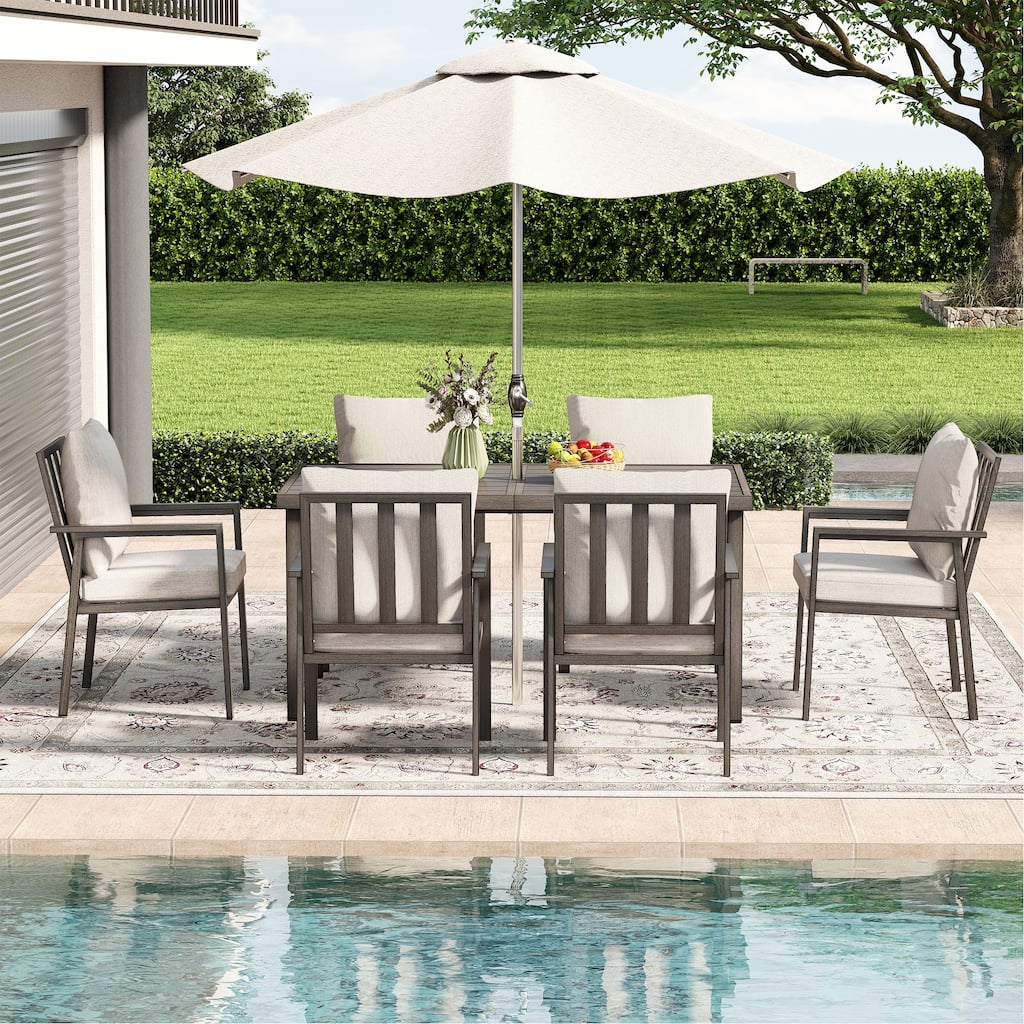 Quietude 7-Piece Gray Aluminum Patio Dining Set with Rectangular Table and Light Gray Cushions