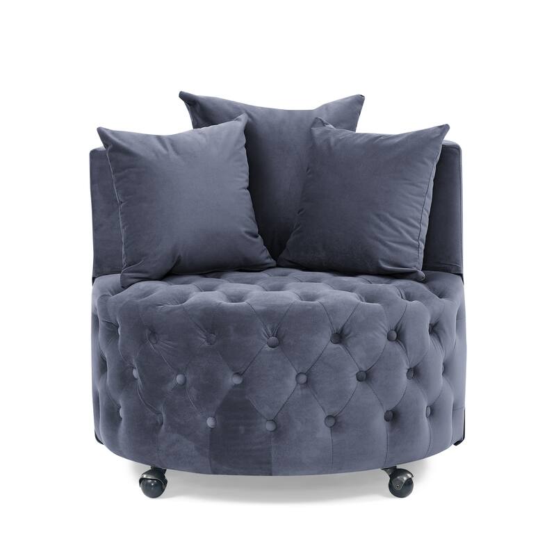 Roomfitters Velvet Swivel Chair with Tufted Button Design, Round Accent Chair with 3 Pillows and Wheels, Lounge Seating