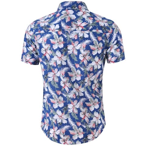 Men Floral Print Slim Short Sleeve Button Down Beach Hawaiian Shirt